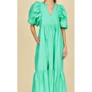 HUNTER BELL Mint Green Puff-Sleeve V-Neck Maxi Dress